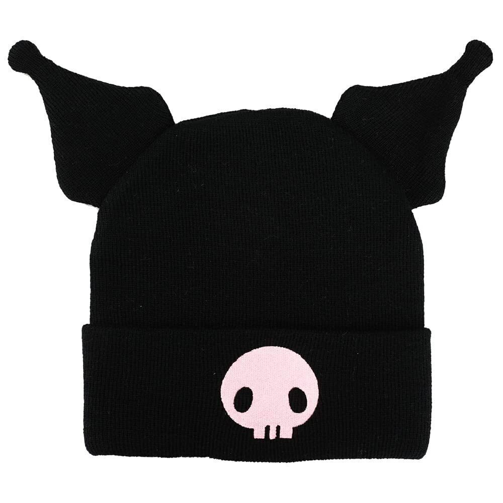 7495 Kuromi Cuffed Knitted Embroidered Logo with 3D Plush Ears Beanie Hat